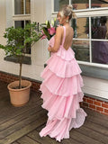 Pink Halter Fashion Halter Ruffled Tiered Ruffle Long Chiffon Tulle Ball Gown Evening Gown Party Dress HZ1023