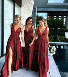 Gold V Neck Long Bridesmaid Dress with Slit HZ1023