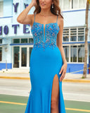 Blue spaghetti strap gorgeous exquisite beaded bodycon long satin high slit ball gown evening dress HZ1023