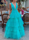 Blue fashion V-neck elegant A-line long floor-length tulle ball gown evening dress wedding guest party dress HZ1023