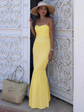 Yellow Fashion Tube Top Long Chiffon Elegant Ball Gown Evening Dress Wedding Guest Party Dress HZ1023