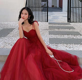 Red elegant spaghetti straps delicate floral beading long tulle formal prom dress evening gown with back corset HZ1023