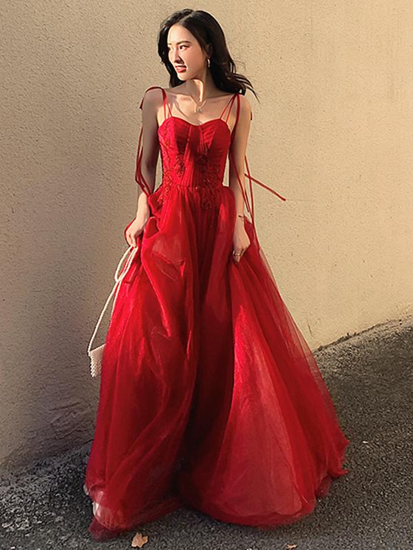 Red elegant spaghetti straps delicate floral beading long tulle formal prom dress evening gown with back corset HZ1023