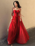 Red elegant spaghetti straps delicate floral beading long tulle formal prom dress evening gown with back corset HZ1023