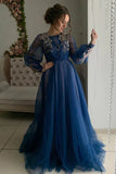 Grey/blue/green elegant delicate floral applique long sleeves maxi tulle ball gown evening dress party dress HZ1023