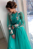 Grey/blue/green elegant delicate floral applique long sleeves maxi tulle ball gown evening dress party dress HZ1023