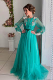 Grey/blue/green elegant delicate floral applique long sleeves maxi tulle ball gown evening dress party dress HZ1023