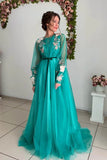 Grey/blue/green elegant delicate floral applique long sleeves maxi tulle ball gown evening dress party dress HZ1023