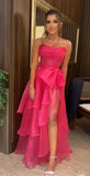 Hot pink sweet elegant bow strapless organza tiered long evening gown formal prom dress party dress HZ1023
