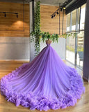 Purple gorgeous fashion V-neck beaded long tulle floor-length trailing ball gown prom dress evening gown wedding dress HZ1023
