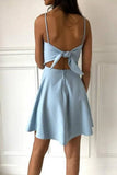 Blue fashion simple bow sleeveless short spaghetti strap A-line short satin mini homecoming dress evening gown HZ1023