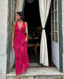 Pink Fashion Elegant Charming V Neck Floral Print Long Satin Ball Gown Evening Dress Holiday Party Dress HZ1023