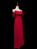 Red Elegant Sweet Fashion Ruffles Off Shoulder Long Satin Chiffon Ball Gown Evening Gown Birthday Wedding Bridesmaid Dress Party Dress Prom Gown HZ1023