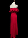Red Elegant Sweet Fashion Ruffles Off Shoulder Long Satin Chiffon Ball Gown Evening Gown Birthday Wedding Bridesmaid Dress Party Dress Prom Gown HZ1023