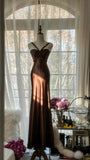 Brown Vintage Chocolate Strapless V-Neck Long Mermaid Slim Satin Ball Gown Evening Dress Birthday Party Dress Prom Dress Wedding Dress HZ1023
