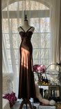 Brown Vintage Chocolate Strapless V-Neck Long Mermaid Slim Satin Ball Gown Evening Dress Birthday Party Dress Prom Dress Wedding Dress HZ1023