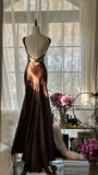 Brown Vintage Chocolate Strapless V-Neck Long Mermaid Slim Satin Ball Gown Evening Dress Birthday Party Dress Prom Dress Wedding Dress HZ1023