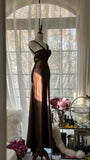 Brown Vintage Chocolate Strapless V-Neck Long Mermaid Slim Satin Ball Gown Evening Dress Birthday Party Dress Prom Dress Wedding Dress HZ1023