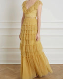 Yellow fashion unique ruffled V neck long floor length tulle ball gown evening dress HZ1023