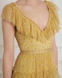 Yellow fashion unique ruffled V neck long floor length tulle ball gown evening dress HZ1023