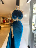 Blue sexy elegant fashion exquisite lace beading long velvet slit floor-length ball gown evening dress HZ1023