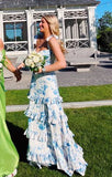 Blue floral elegant long formal evening gown sleeveless slit dress party dress HZ1023