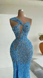 Blue gorgeous sexy sequins elegant long slit mermaid slim floor-length ball gown evening dress party dress HZ1023