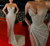 Silver shiny elegant gorgeous exquisite long sequined floor-length prom dress evening dress HZ1023