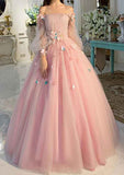Pink delicate floral applique fairy long sleeves long tulle ball gown evening dress HZ1023