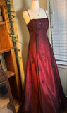 Burgundy Spaghetti Straps Exquisite Beaded Long Tulle Ball Gown Evening Dress prom dress HZ1023