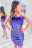 Red Gorgeous Shiny Off Shoulder Feather Bodycon Mini Short Homecoming Dress Party Dress HZ1023