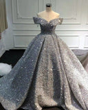 Silver Gorgeous Shiny Off-shoulder Sequin Long Princess Floor-length Ball Gown Evening Dress Wedding Dress HZ1023