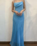 Blue elegant fashion elegant spaghetti strap long chiffon slim evening bridesmaid dress prom dress HZ1023