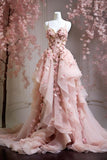 Pink gorgeous exquisite floral spaghetti straps long elegant sweet tulle floor-length trailing ball gown evening gown wedding dress graduation ball gown Flower Fairy HZ1023