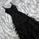 Black shiny elegant spaghetti strap sequined long ball gown prom dress evening dress party dress HZ1023