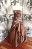 Brown Gorgeous Vintage Exquisite Applique Tube Top Long Elegant Satin Ball Gown Evening Dress HZ1023