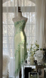 Light green fashion one shoulder elegant exquisite floral beading long bodycon chiffon ball gown evening dress party dress prom dress HZ1023