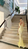Yellow V-neck sequined mermaid slim long tulle ball gown evening dress party dress HZ1023