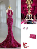 Pink Gorgeous Shiny Exquisite Beaded Halter Long Mermaid Slim Sequin Floor Length Ball Gown Evening Gown Party Dress HZ1023