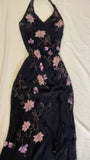 Black gorgeous shiny exquisite beaded purple floral long halter elegant satin ball gown evening dress party dress HZ1023