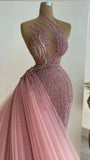 Pink Shiny Gorgeous Fantasy Long Beaded Tulle Ball Gown Evening Dress HZ1023
