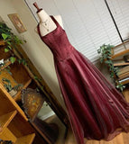 Burgundy red vintage elegant shiny beaded long tulle Prom Gown evening dress party dress HZ1023