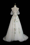 White exquisite floral fashion short sleeve long tulle floor length ball gown, evening dress, party dress HZ1023
