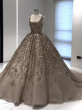 Nude pink gorgeous shiny gold sequins elegant long tulle sequin ball gown evening dress HZ1023