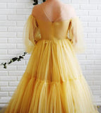 Yellow pretty fairy elegant exquisite beading A-line long sleeve long tulle ball gown evening dress HZ1023