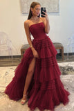 A-Line Strapless Tulle Long Prom Dress with Tiered Ruffles HZ1023