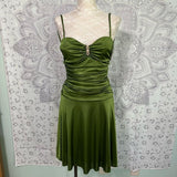 Green Vintage Fashion Spaghetti Strap Long/Short Elegant Satin Ruffle Ball Gown Evening Dress Party Dress HZ1023