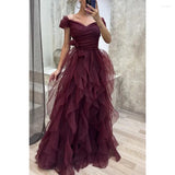 Purple elegant fashion A-line long layered ruffled tulle ball gown evening dress party dress HZ1023
