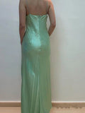 Green Vintage Fashion Beaded Spaghetti Straps Long satin Formal Prom Dress, Evening Dress, Party Dress HZ1023