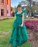Hunter Green/Emerald Green A-Line Strap Tulle Tiered Long Prom Dress Party Dress HZ1023